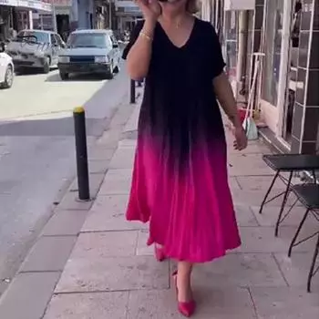 Градиентное макси-платье для женщин, летнее, свободного покроя, длинное платье больших размеров, повседневное, с V-образным вырезом, коротким рукавом, струящееся платье А-силуэта S красный