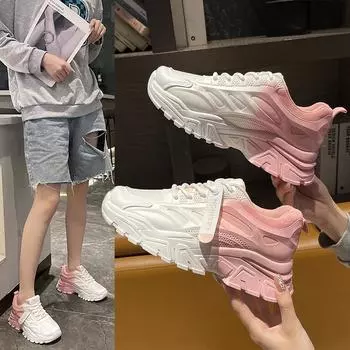 Градиентные цветные папины туфли весна и осень новые корейские модные сетчатые дышащие и носибельные повседневные женские кроссовки с толстой подошвой 35 розовый