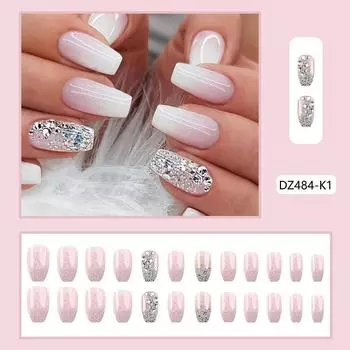 Градиентные накладные ногти | Цветочные блестящие стразы Средние ногти-гроб балет Клейкий набор с клейкими вкладками Пилка для ногтей для женщин