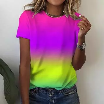 Градиентные женские блузы с короткими рукавами и 3D-цветочным принтом с круглым вырезом Повседневные футболки Y2k Топы Персонализированные футболки Roupa Feminina Mujer S