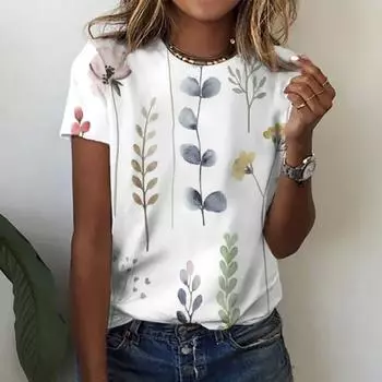 Градиентные женские блузы с короткими рукавами и 3D-цветочным принтом с круглым вырезом Повседневные футболки Y2k Топы Персонализированные футболки Roupa Feminina Mujer S