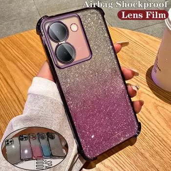 Градиентный блестящий противоударный чехол с подушкой безопасности и линзой для VIVO Y77 Y78 Y77E Y16 Y17 Y18 Y35 Y20 Y21S Y52S Y76S Y200 X70 X90 X100 Pro S15 S17 S18 S19 Pro Vivo Y52S чёрный