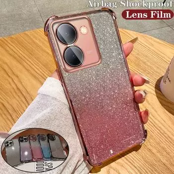 Градиентный блестящий противоударный чехол с подушкой безопасности и линзой для VIVO Y77 Y78 Y77E Y16 Y17 Y18 Y35 Y20 Y21S Y52S Y76S Y200 X70 X90 X100 Pro S15 S17 S18 S19 Pro Vivo Y52S чёрный