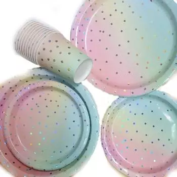 Градиентный цвет серебряные бумажные стаканчики тарелки с бронзированием одноразовая бумажная посуда для вечеринки торт свадьба день рождения банкет пикник десерт декор 7 Inches Plates