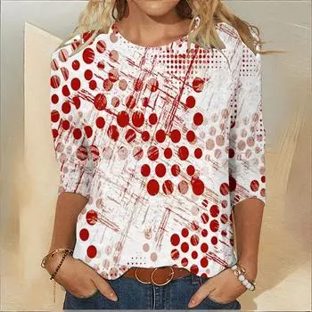 Градиентный цвет женские футболки с длинными рукавами осенние топы из искусственного хлопка с круглым вырезом модная одежда геометрическая горошек футболка S