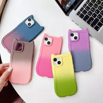 Градиентный цветной 3d чехол для телефона с кошачьими ушками для Iphone 15 14 Pro Max Plus 15 14 13 12 11 Pro Max милый мультяшный мягкий чехол из ТПУ iPhone 15 зелёный/жёлтый
