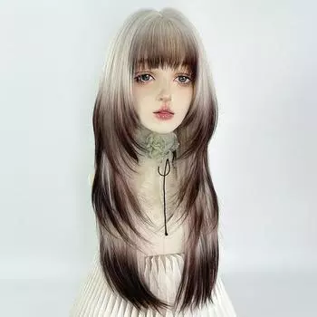 Градиентный длинный прямой синтетический парик женский пушистый модный гладкий парик Лолита градиентный многослойный прямой длинный прямой парик с челкой 70cm