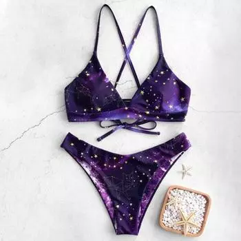 Градиентный комплект бикини из 2 шт./компл., купальный костюм без завязок со звездами и поясом M фиолетовый