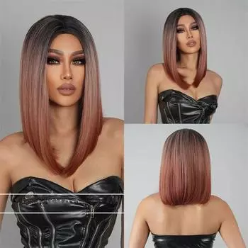Градиентный красный парик, средний парик с полной головой, парик для женщин, прямые волосы, каштановые длинные 38cm