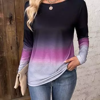 Градиентный круглый вырез с длинным рукавом Топ Эластичный полиэстер Случайный принт Повседневный стиль Женщины Идеальный сезон весна-осень S