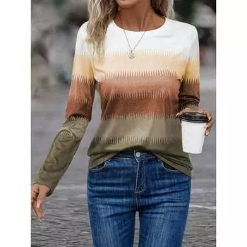 Градиентный полосатый принтованный свитер осень-зима повседневный длинный рукав круглый вырез толстовка клетчатый узор женская одежда S