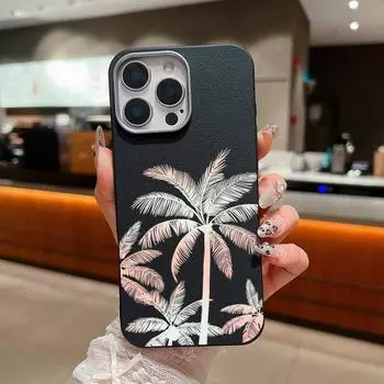 Градиентный принт кокосовой пальмы противоударный мягкий чехол TPU для iPhone 16 Pro Max 15 Pro 14 13 12 11 защита линз матовая кожа текстура тонкий чехол для телефона iPhone 16 чёрный