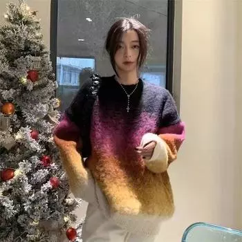 Градиентный пуловер, женский зимний и осенний свободный свитер, повседневный свитер с круглым вырезом и длинными рукавами, пуловер, женский топ