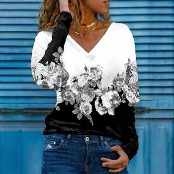 Градиентный розовый принт женские футболки женские топы с длинным рукавом V-образный вырез пуловер женские футболки футболка для женщин XS жёлтый