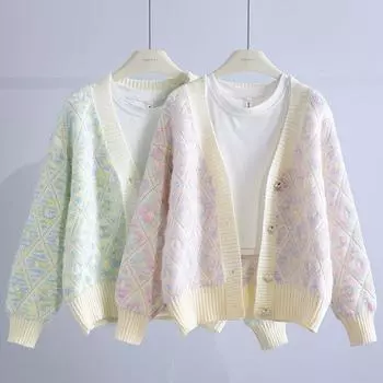 Градиентный свитер, женское пальто 2023, осень/зима, с длинным рукавом, v-образным вырезом, корейская свободная верхняя одежда, вязаный кардиган с напуском, женский свитер One Size зелёный