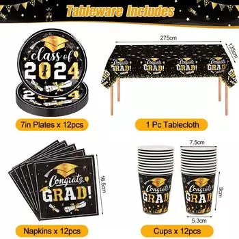 Graduation Party Disposable Tableware Set Class of 2024 Paper Plates Cups Tablecloth Congrats Grad Party Decoration Supplies