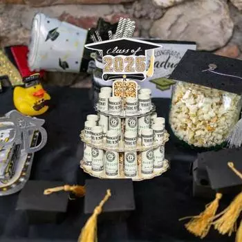 Graduation Wooden Money Holder Tower Double Layers Cash Storage Rack Class of 2025 Graduates Money Gift Grad Party Desktop Decoration