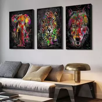Граффити, абстрактное животное, настенный художественный постер, красочный лев, слон, домашний декор, холст, картина, украшение для гостиной, фреска, изображение 21x30cm No Frame