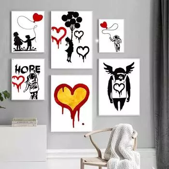 Граффити Бэнкси, красный воздушный шар, плакат, принты, абстрактные фигуры, картина на холсте, настенное искусство, картина для офиса, коридора, домашнего декора 21x30cm No Framed