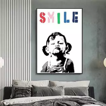 Граффити Бэнкси УЛЫБКА С Девочкой Плакаты и Принты Холст Картины Настенные Картины Для Гостиной Украшения Дома 21x30cm No Framed
