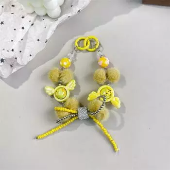 Graffiti Beaded Candy Color Bead Lanyards Anti-Lost Plush Ball Keychain Birthday Gift yellow