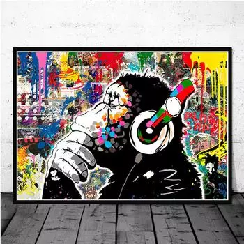 Граффити DJ Monkey Canvas Art Плакат и украшение для дома в гостиной