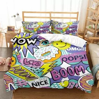 Graffiti Duvet Cover Set Cute Hip Hop Style Polyester Comforter Cover with Pillowcase Queen Full Size for Kid Teen Bedding Set EU single(135x200cm)