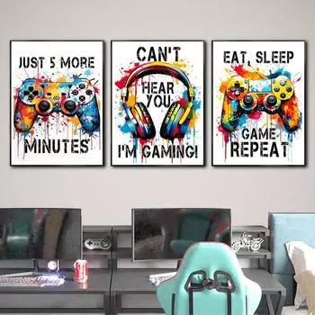 Граффити Игровой контроллер Наушники Плакаты Печать Современный Геймер Картина на холсте Настенная картина Мальчик Спальня Игровая комната Домашний декор 21x30cm No Framed