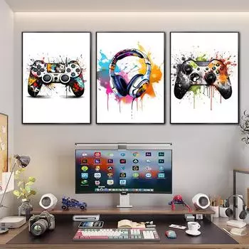 Граффити Игровой контроллер Наушники Плакаты Печать Геймер Холст Картина Картины Мальчик Спальня Игровая комната Настенное искусство Домашнее украшение 21x30cm No Framed