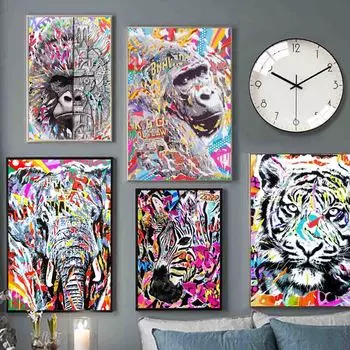Граффити искусство абстракция животное холст картина настенная живопись лев орангутанг слон постер офис гостиная украшение дома фреска без рамки 21*30cm No Frame