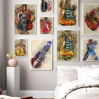 Граффити искусство музыкальный инструмент холст картина бар мода настенное искусство гитара постер гостиная спальня украшение дома фреска без рамки 21*30cm No Frame