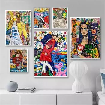 Граффити Картина Мона Лиза Рисунок Холст Картины Абстрактные Плакаты и Принты Уличные Настенные Художественные Фотографии Куадрос Декор Гостиной 21x30cm No Framed