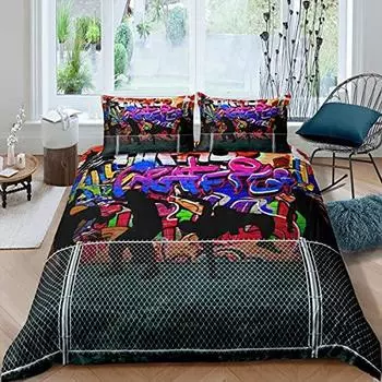 Graffiti Kids Bedding Set,Hip Hop Street Art Work Comforter Cover for Boys Girls,Watercolor Painting FashionDuvet Cover Decor US Queen(228x228cm)