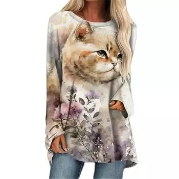 Граффити Кот Цифровая Печать Женская Весна Осень Футболка Повседневные Длинные Рукава Топы Футболки Таинственная Футболка O-образный Вырез Свободные Длинные Рубашки 4XL