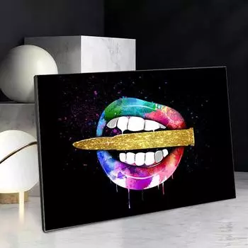 Граффити, красочные губы и плакаты с золотыми пулями, печать на холсте, гостиная, фреска и украшение дома 21cm30cm NoFrame