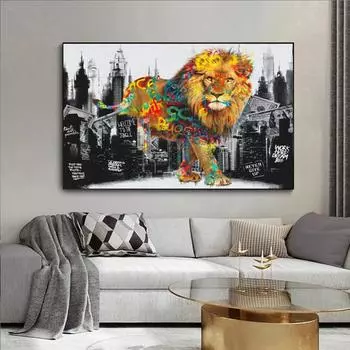 Граффити Лев Wall Art Холст Картина Черно-белые доллары Плакаты и принты Картинки для гостиной Домашний декор Cuadros 21*30cm