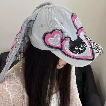 Граффити любовь кошка кролик уши рваные ковбой бейсболка дети ins универсальный лицо кепка M56-58cm