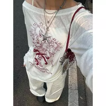 Graffiti Printing Slant Shoulder T-Shirt Women s Spring and Summer New Arrival Thin Type Sunscreen Blouse Loose off-Shoulder Long Sleeves Tops White Quality Edition S