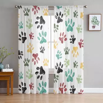 Граффити с изображением следов животных, прозрачные шторы для украшения гостиной, оконные шторы для кухни, тюль, вуаль, органза, шторы W135 x H115cm x1