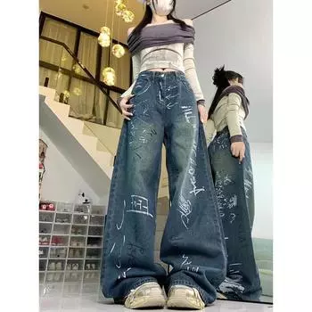 Граффити с принтом джинсы свободные прямые широкие брюки в уличном стиле женские длинные винтажные американские брюки Y2k с высокой талией S синий