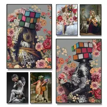 Граффити солдат кубик Рубика голова картина цветок холст стены книги по искусству печати ретро персонаж плакат гостиная дома 21cm30cm NoFrame
