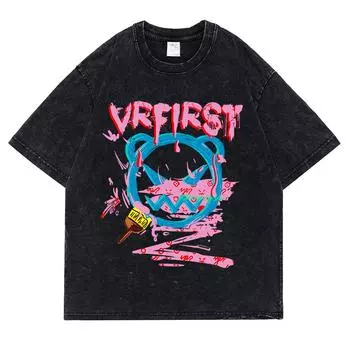 Graffiti Street Bear Print Washed Retro Snow Men Tshirt Summer Loose Cotton T Shirt Breathable Clothes Oversize Casual Tees S