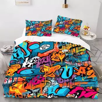 Graffiti Style Digital Printed Duvet Kit - Polyester - Bedroom Decor -1 Bed Cover +2 Pillowcase (no pillow core) 173x229cm