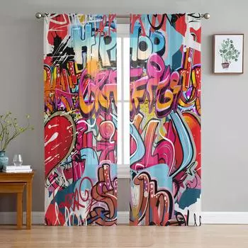 Graffiti Wall Art Window Treatment Tulle Modern Sheer Curtains for Kitchen Living Room the Bedroom Curtains Decoration W135 x H114cm