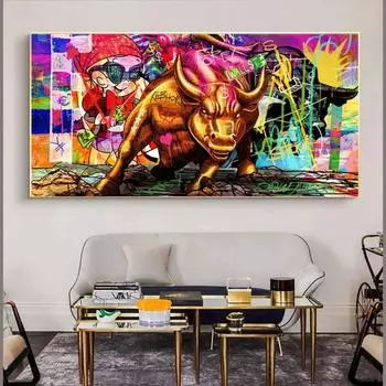 Граффити Wall Street Bull Art Мотивационный Плакат и Печать на Холсте Картина Долларов Картина для Гостиной Украшения Дома Подарок Без Рамки 21*30cm