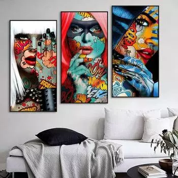 Граффити Женский Портрет Картина Холст Печать Комиксы Постеры и принты Поп-Настенное Искусство Украшение Гостиной Уникальная Фреска Без Рамки 20*40cm