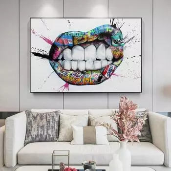 Граффитти, художественное вдохновение, губы, холст, постеры и принты, уличные настенные художественные картины на холсте, картины с изображением рта для декора гостиной 20x30cm