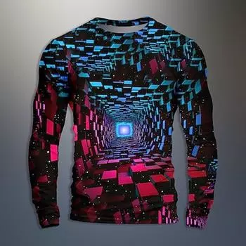 Графическая геометрическая оптическая художественная мужская 3D-принтовая повседневная праздничная футболка с длинным рукавом и круглым вырезом, осень-весна S