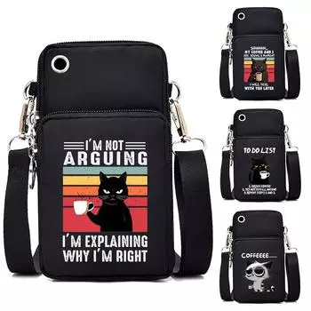 Графическая мини-сумка для телефона, забавная сумка-мессенджер с изображением кота и кофе, маленькая сумка через плечо, женская сумочка