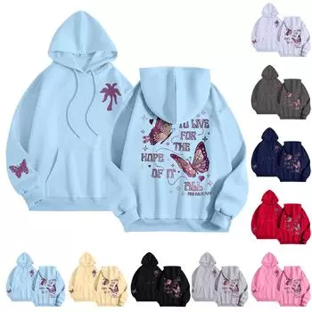 Графические толстовки с капюшоном для женщин Милый пуловер с длинным рукавом Опрятные толстовки с капюшоном с буквенным принтом Одежда на осень-зиму S синий